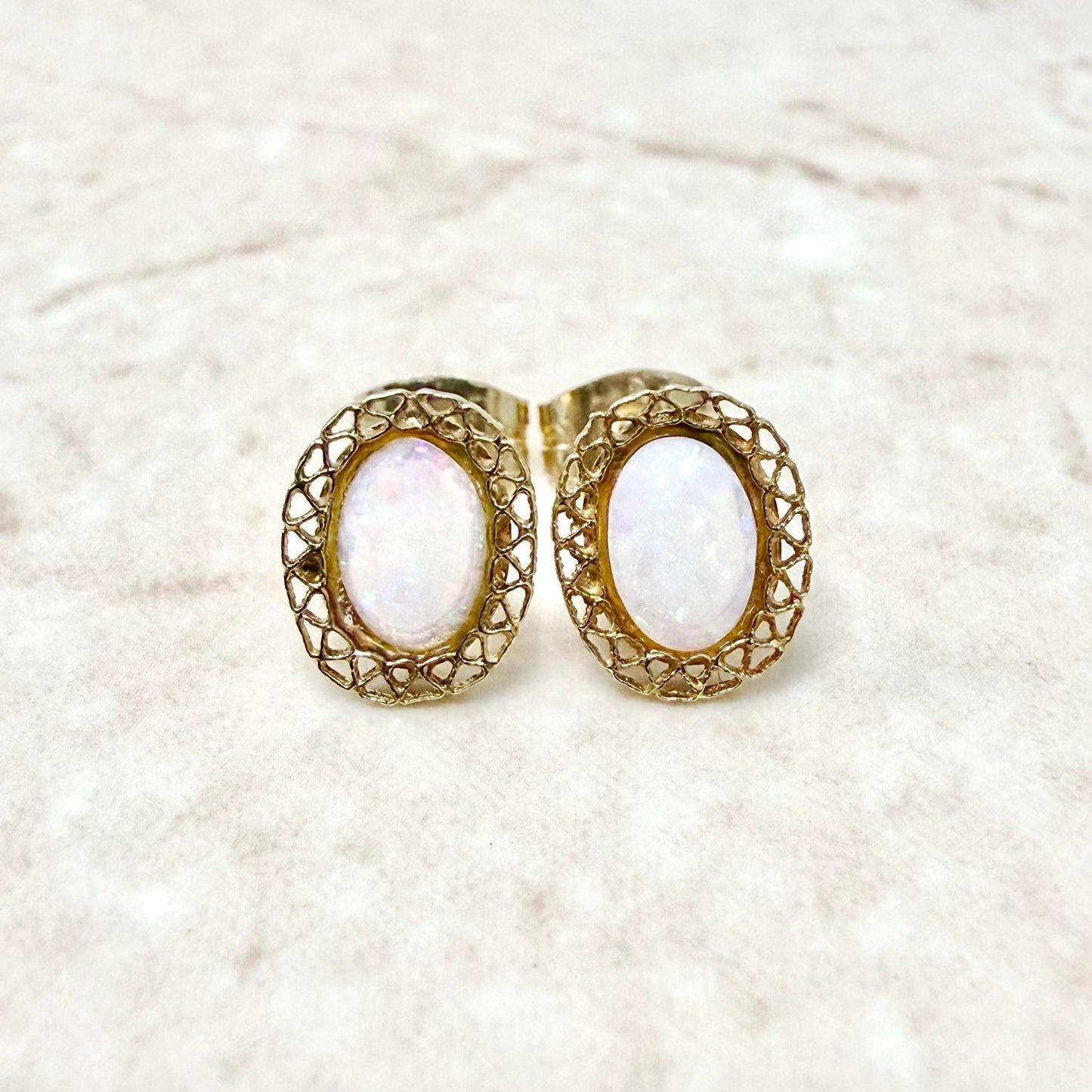 Vintage 14K Yellow Gold Filigree Oval Opal Stud Earrings - WeilJewelry