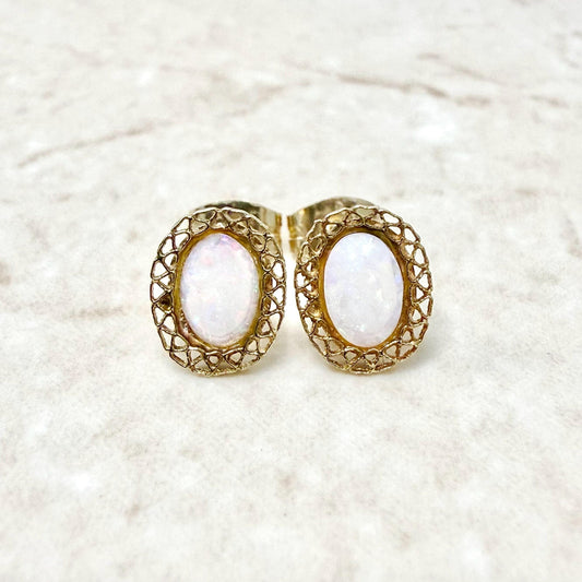 Vintage 14K Yellow Gold Filigree Oval Opal Stud Earrings - WeilJewelry