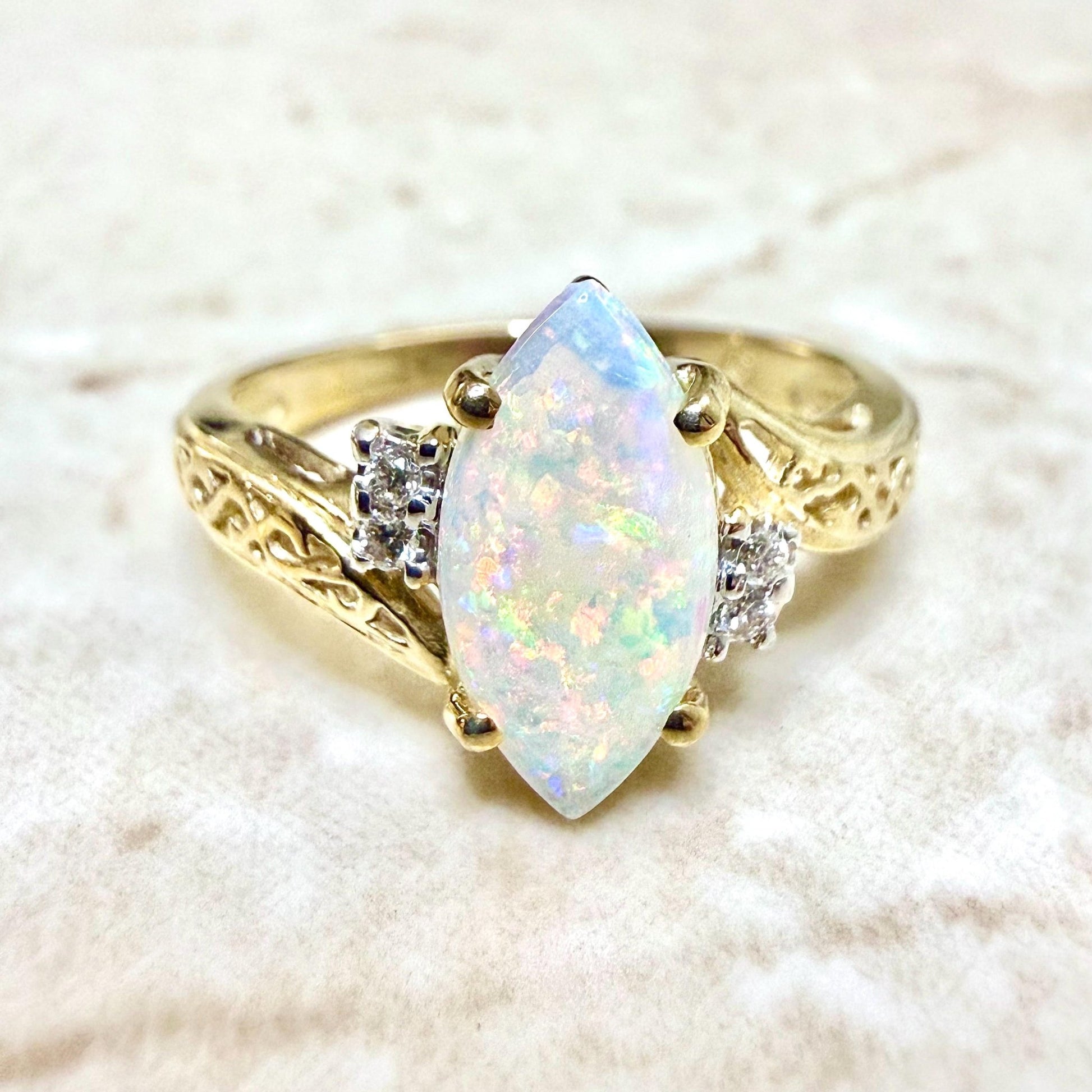 Vintage 14K Yellow Gold Natural Opal & Diamond Solitaire Ring - WeilJewelry