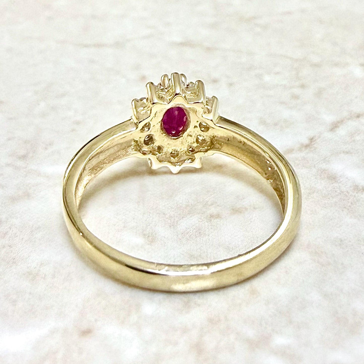Vintage 14K Yellow Gold Natural Oval Ruby & Diamond Halo Ring - WeilJewelry