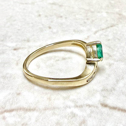 Vintage 14K Yellow Gold Natural Pear Shape Emerald & Diamond Bypass Ring - WeilJewelry