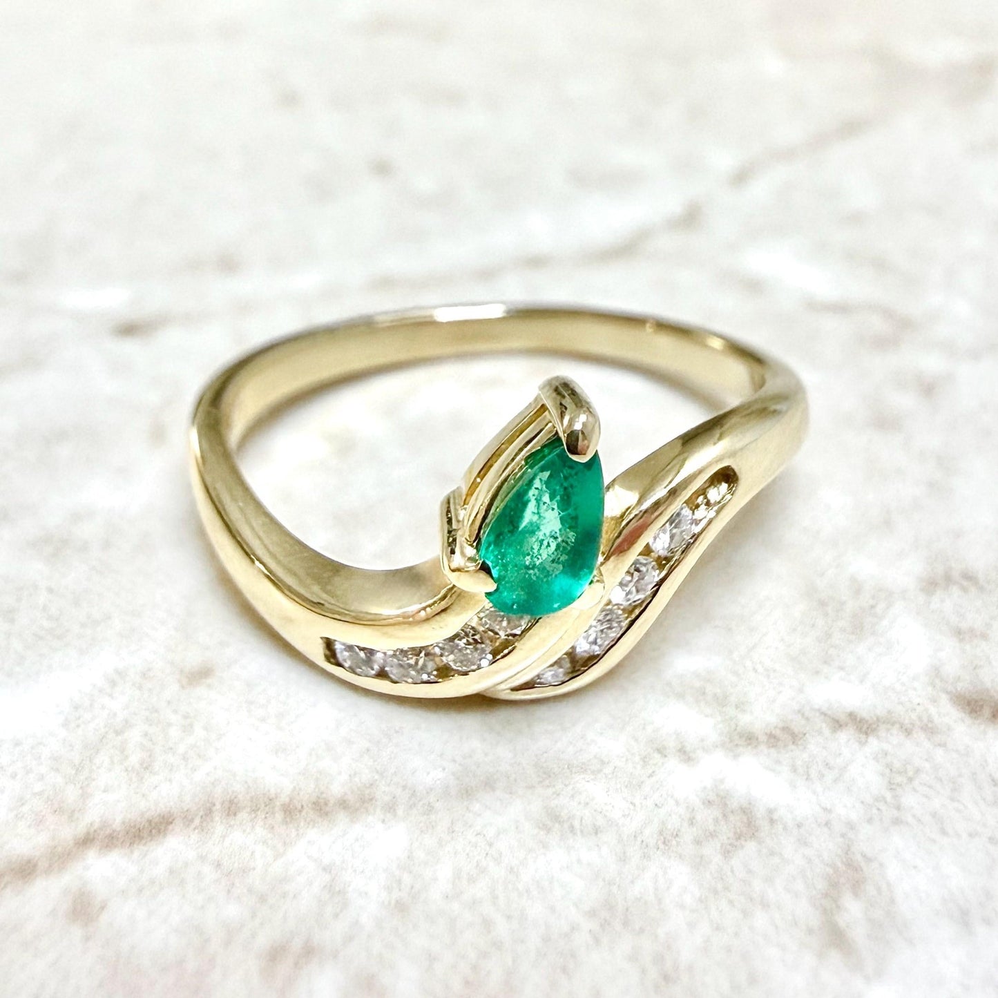 Vintage 14K Yellow Gold Natural Pear Shape Emerald & Diamond Bypass Ring - WeilJewelry