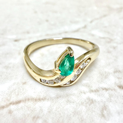 Vintage 14K Yellow Gold Natural Pear Shape Emerald & Diamond Bypass Ring - WeilJewelry