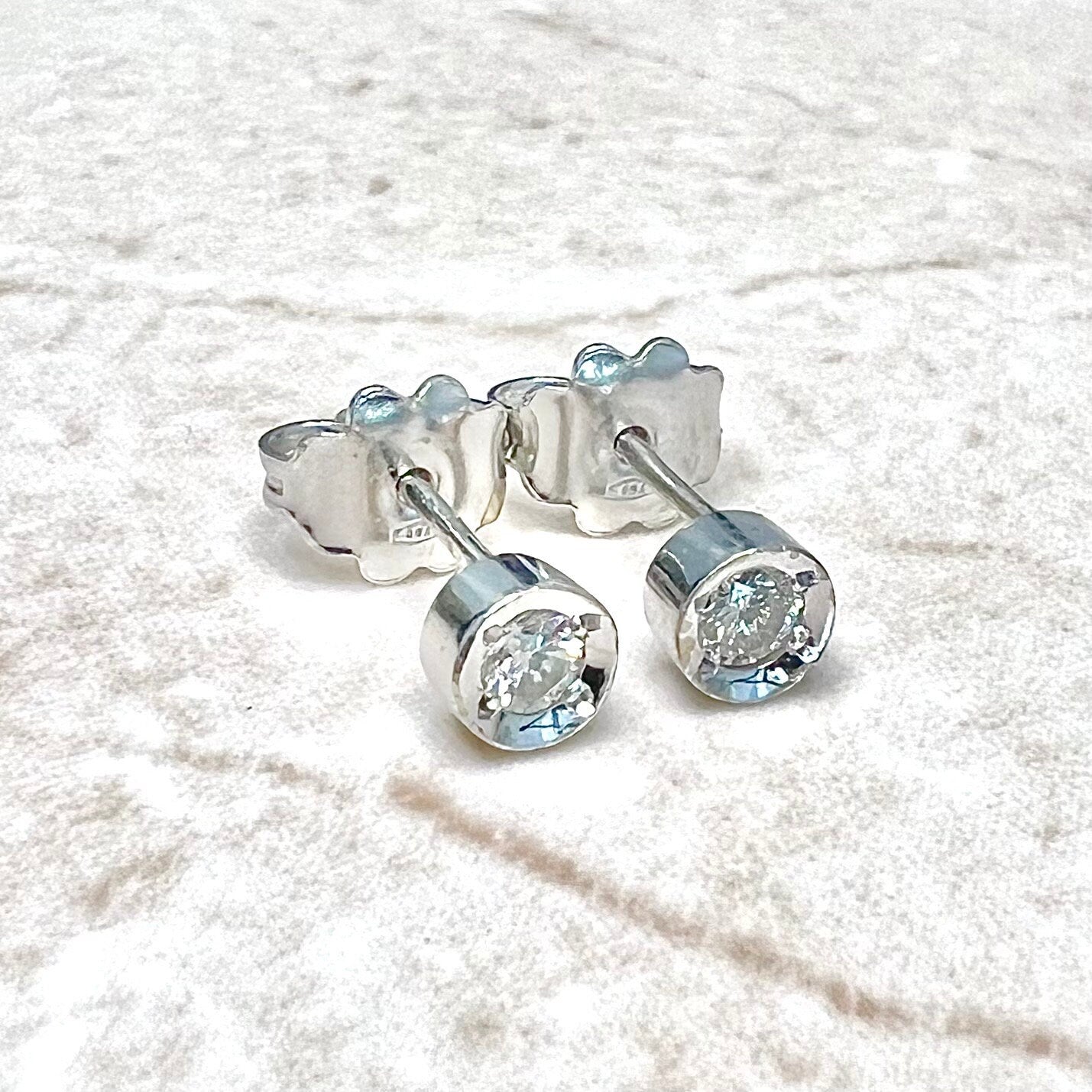 Vintage 18 Karat White Gold Bezel - Set 0.30 Carat Natural Diamond Stud Earrings - WeilJewelry