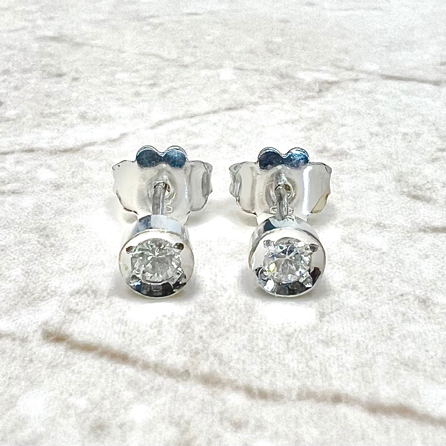 Vintage 18 Karat White Gold Bezel - Set 0.30 Carat Natural Diamond Stud Earrings - WeilJewelry