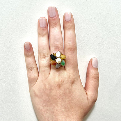 Vintage 18 Karat Yellow & Rose Gold Multicolor Jadeite And Pearl Flower Ring - WeilJewelry