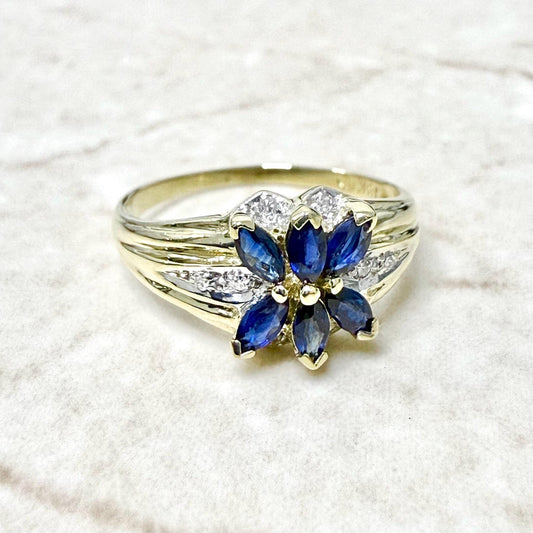 Vintage 18K Yellow Gold Sapphire & Diamond Floral Cocktail Ring - WeilJewelry