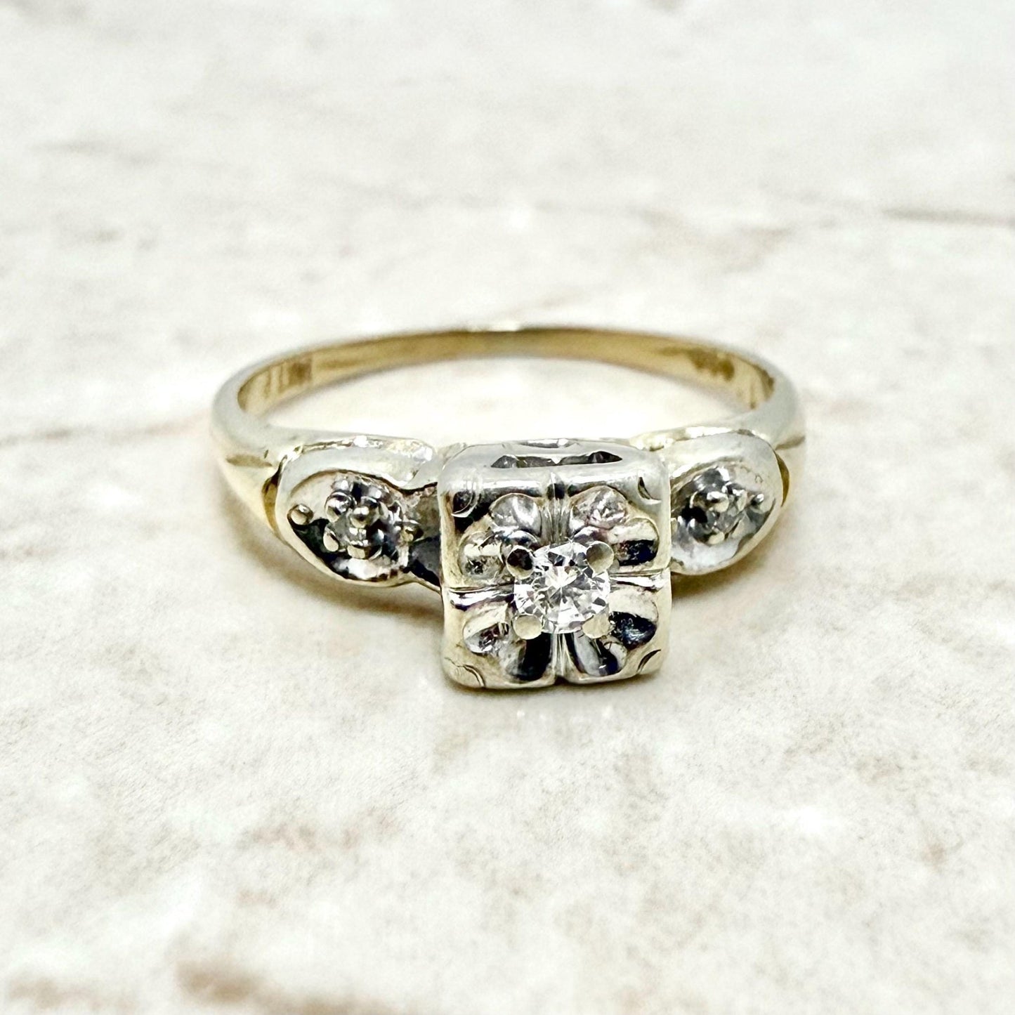 Vintage 1940’s 14K Two - Tone Gold Diamond Solitaire Engagement Ring - WeilJewelry