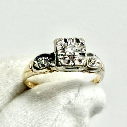 Vintage 1940’s 14K Two - Tone Gold Diamond Solitaire Engagement Ring - WeilJewelry