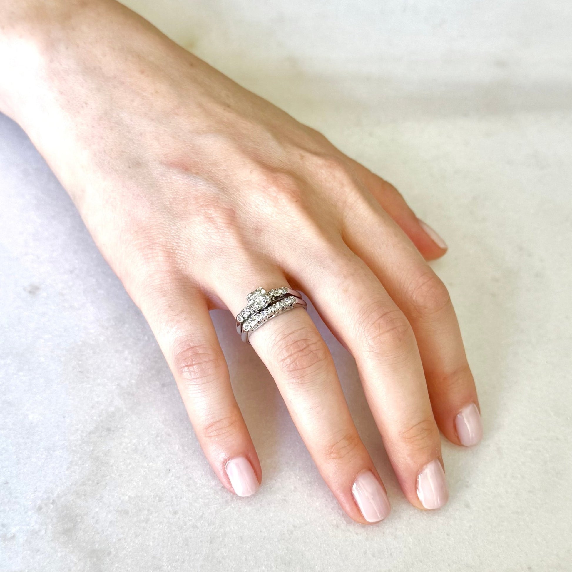 Vintage 1940’s 14K White Gold Diamond Engagement Ring Set - WeilJewelry