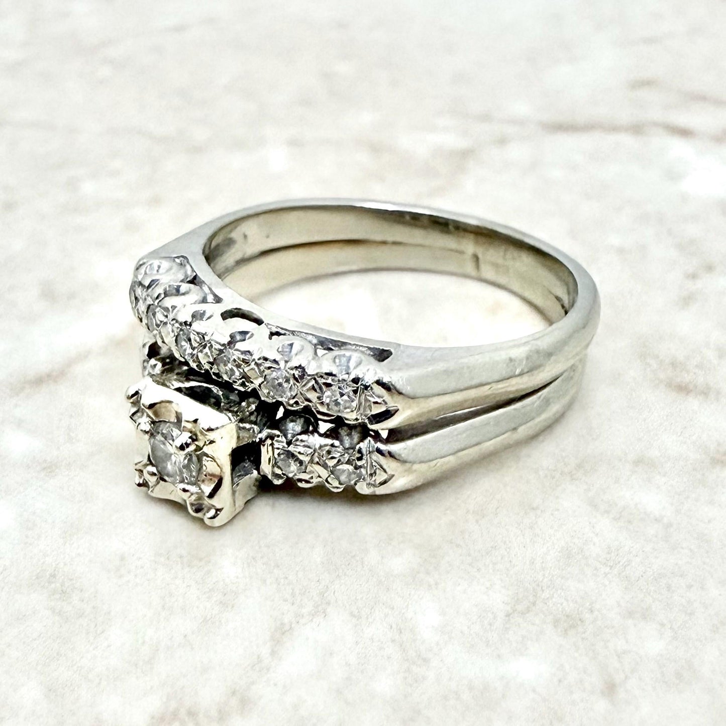 Vintage 1940’s 14K White Gold Diamond Engagement Ring Set - WeilJewelry