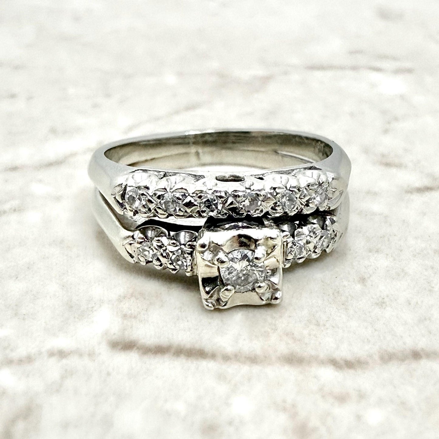 Vintage 1940’s 14K White Gold Diamond Engagement Ring Set - WeilJewelry