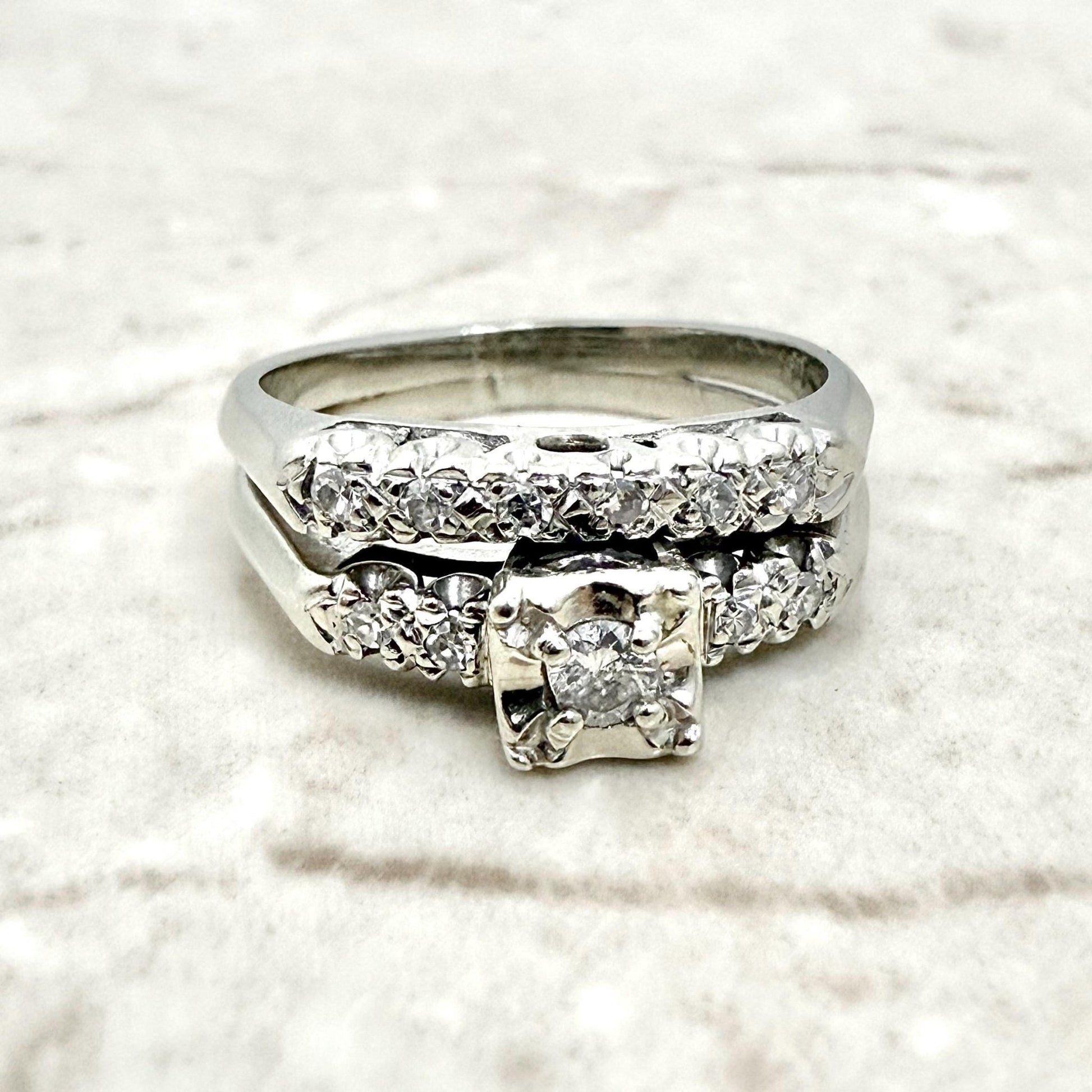 Vintage 1940’s 14K White Gold Diamond Engagement Ring Set - WeilJewelry