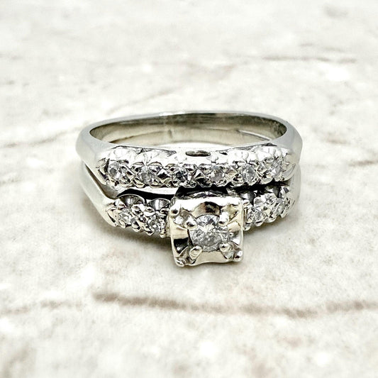 Vintage 1940’s 14K White Gold Diamond Engagement Ring Set - WeilJewelry