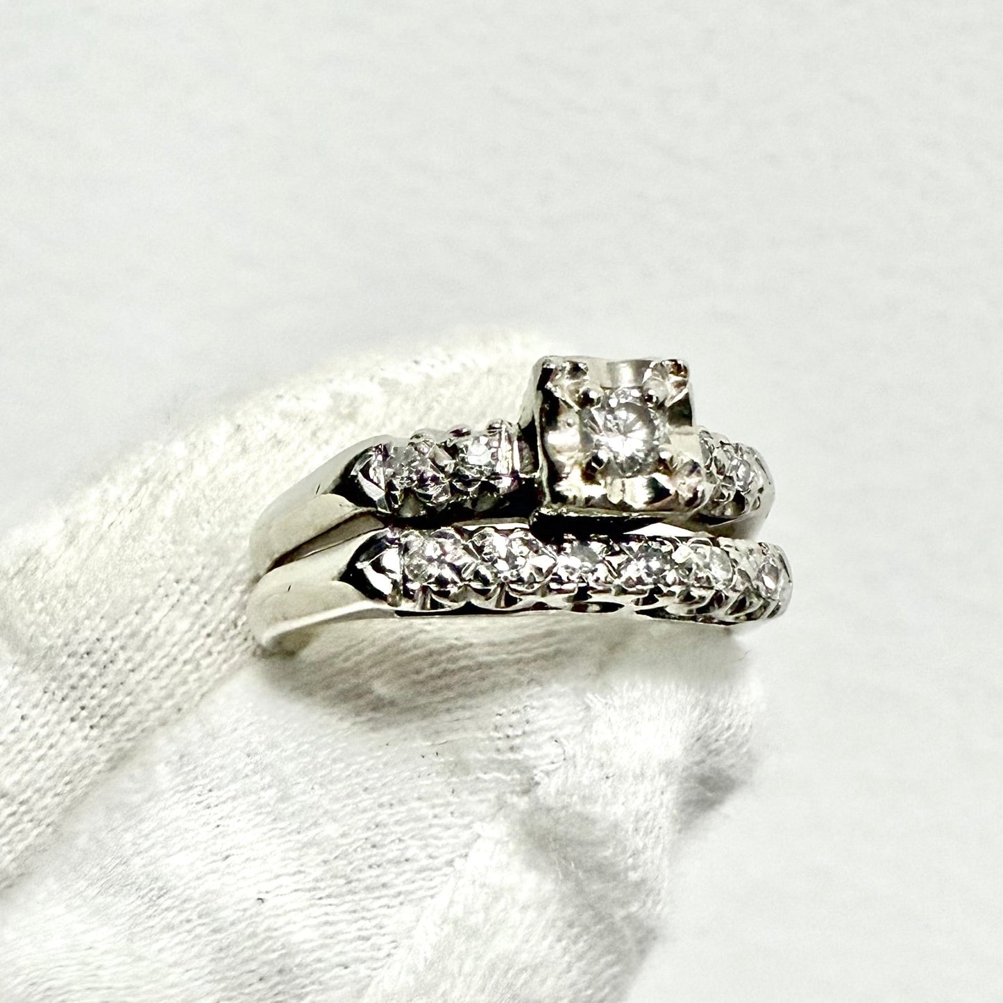 Vintage 1940’s 14K White Gold Diamond Engagement Ring Set - WeilJewelry