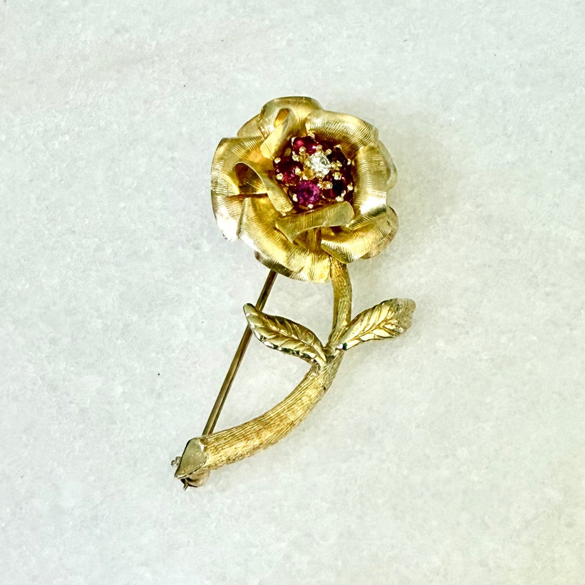 Vintage 1960’s 14 Karat Yellow Gold Ruby & Diamond Flower Brooch Pin - WeilJewelry
