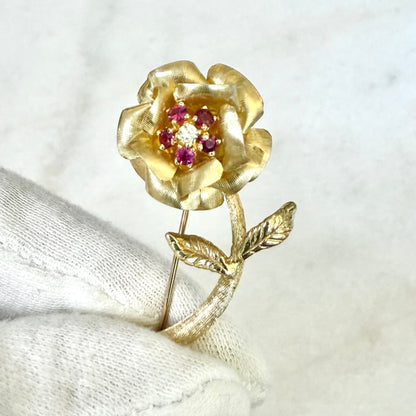 Vintage 1960’s 14 Karat Yellow Gold Ruby & Diamond Flower Brooch Pin - WeilJewelry