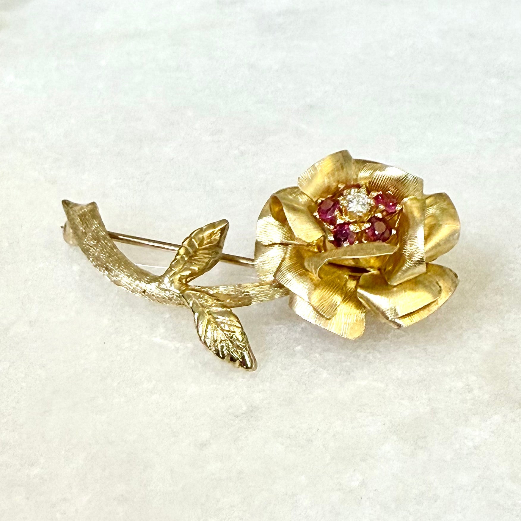 Vintage 1960’s 14 Karat Yellow Gold Ruby & Diamond Flower Brooch Pin - WeilJewelry