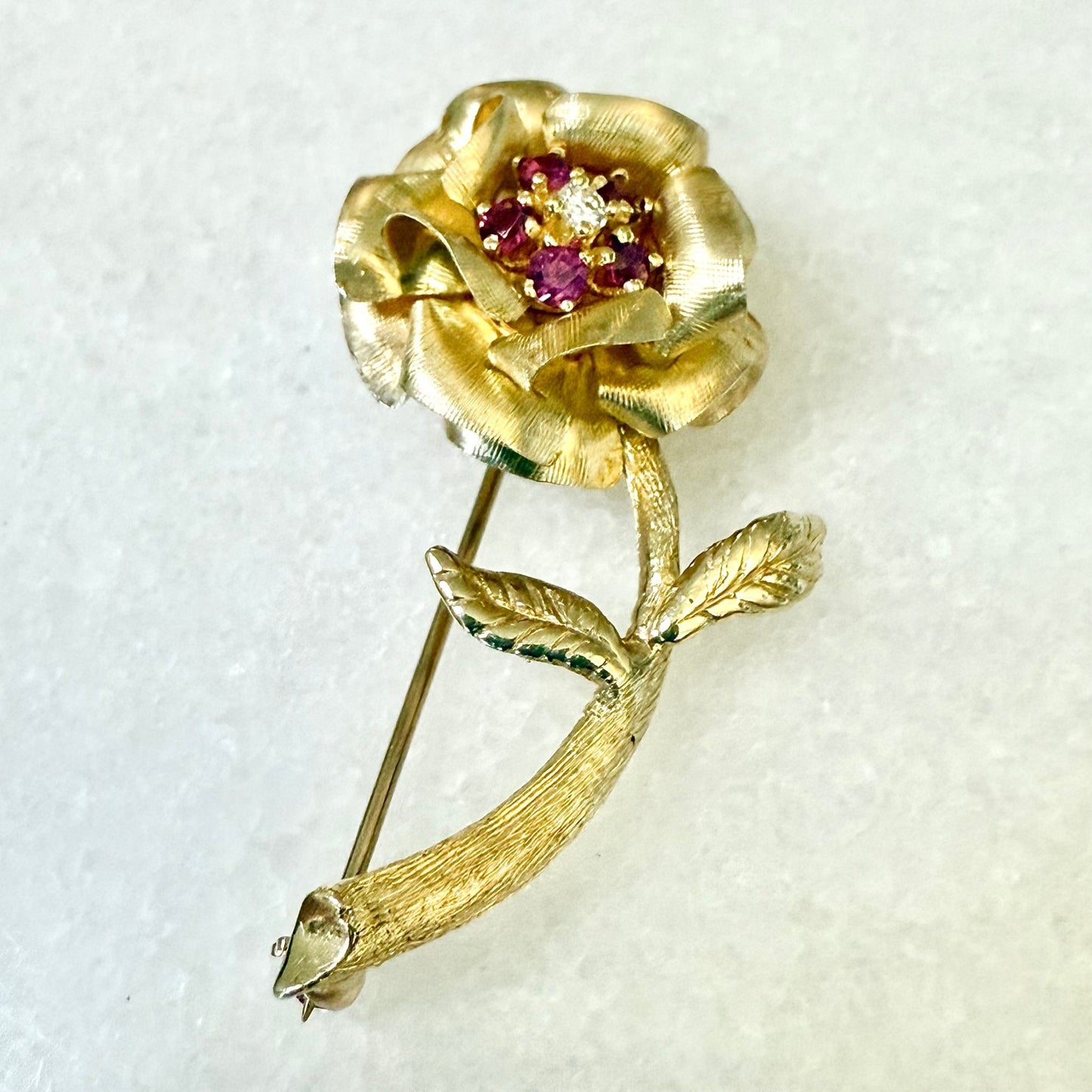 Vintage 1960’s 14 Karat Yellow Gold Ruby & Diamond Flower Brooch Pin - WeilJewelry