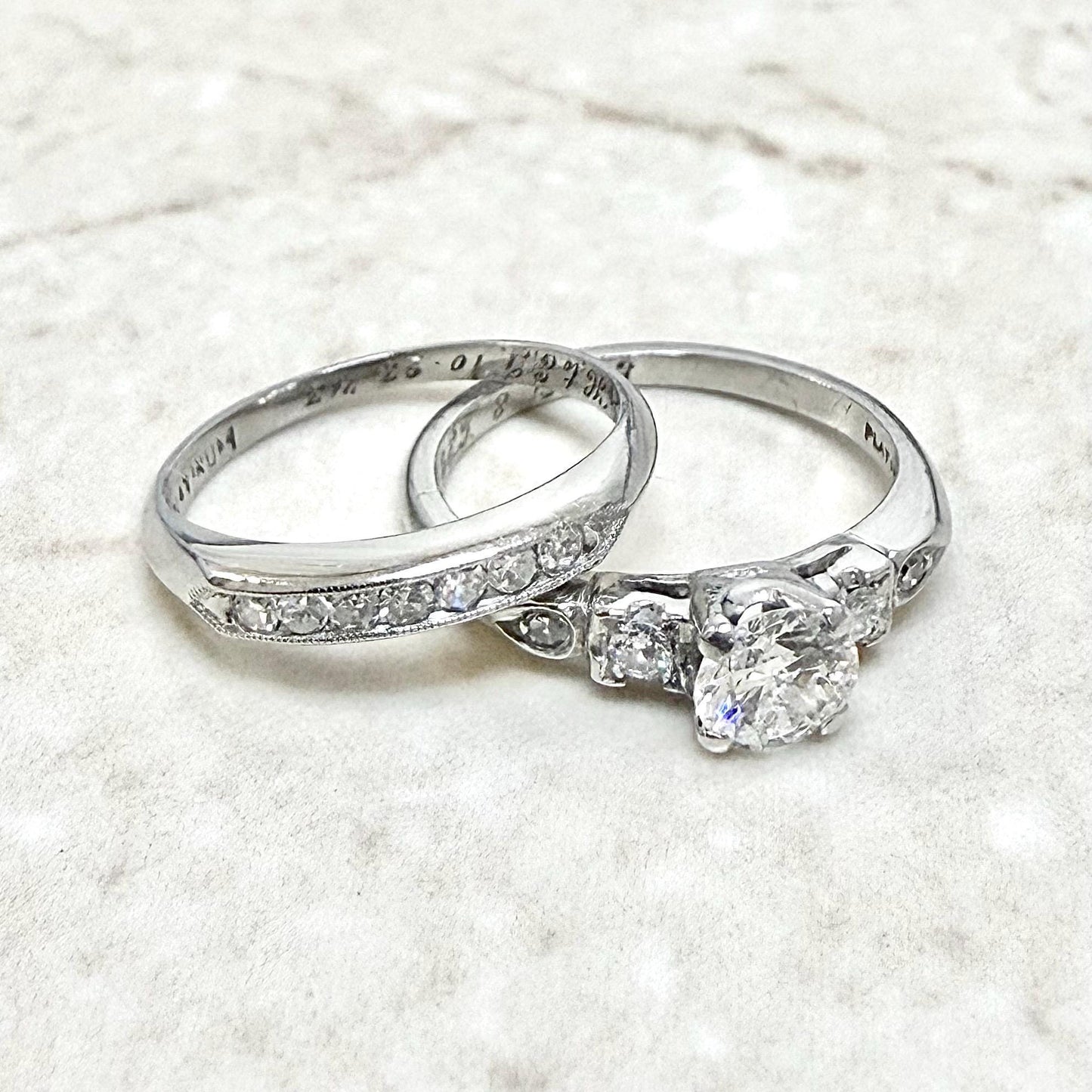 Vintage Art Deco 0.64 Carat Platinum Diamond Engagement Ring Set - WeilJewelry