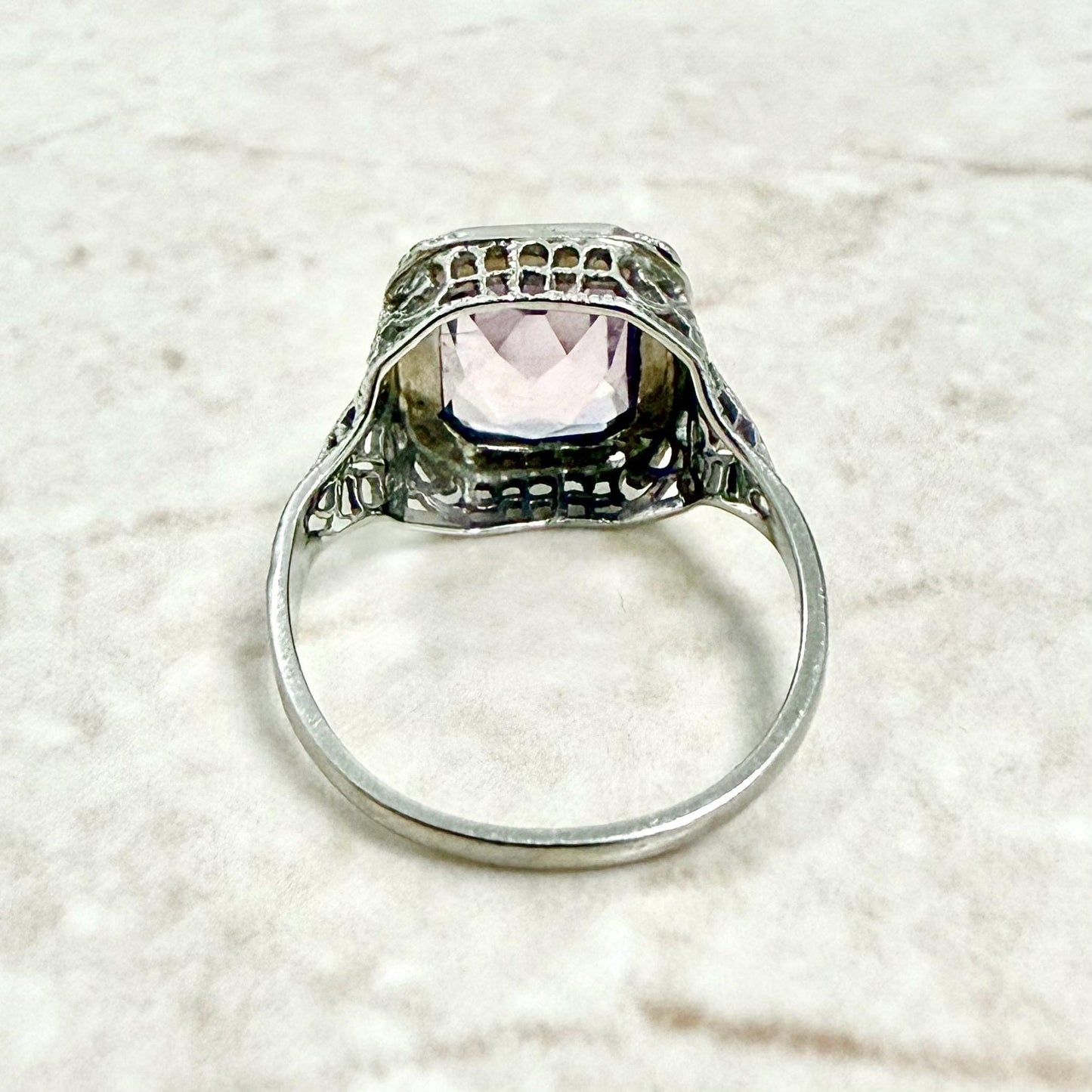 Vintage Art Deco Filigree 14K White Gold Amethyst Solitaire Ring - WeilJewelry