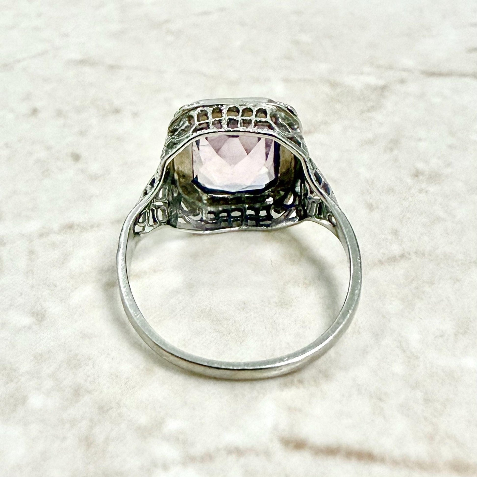 Vintage Art Deco Filigree 14K White Gold Amethyst Solitaire Ring - WeilJewelry