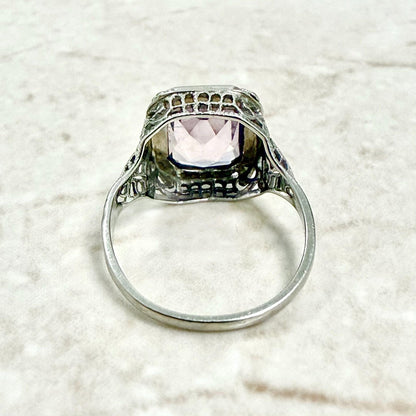 Vintage Art Deco Filigree 14K White Gold Amethyst Solitaire Ring - WeilJewelry