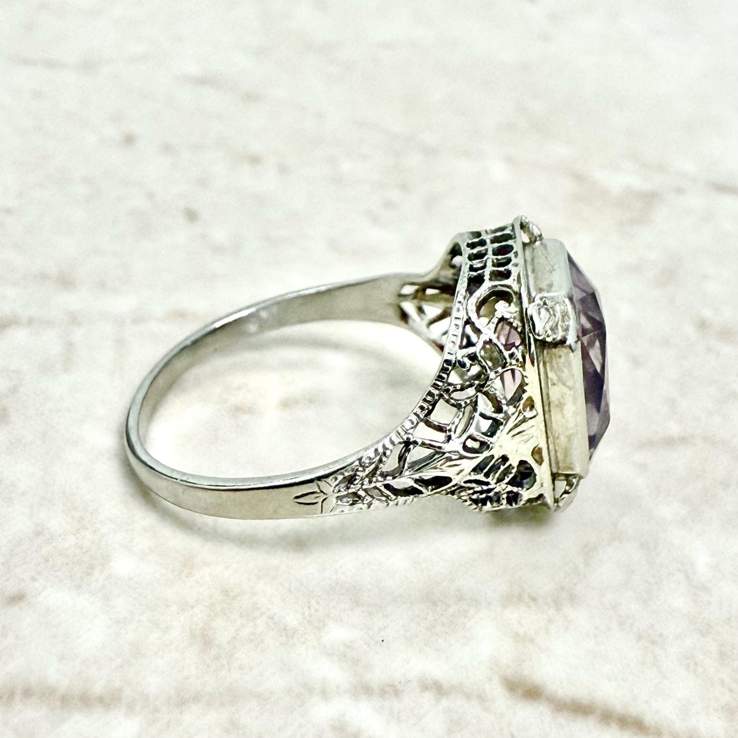 Vintage Art Deco Filigree 14K White Gold Amethyst Solitaire Ring - WeilJewelry