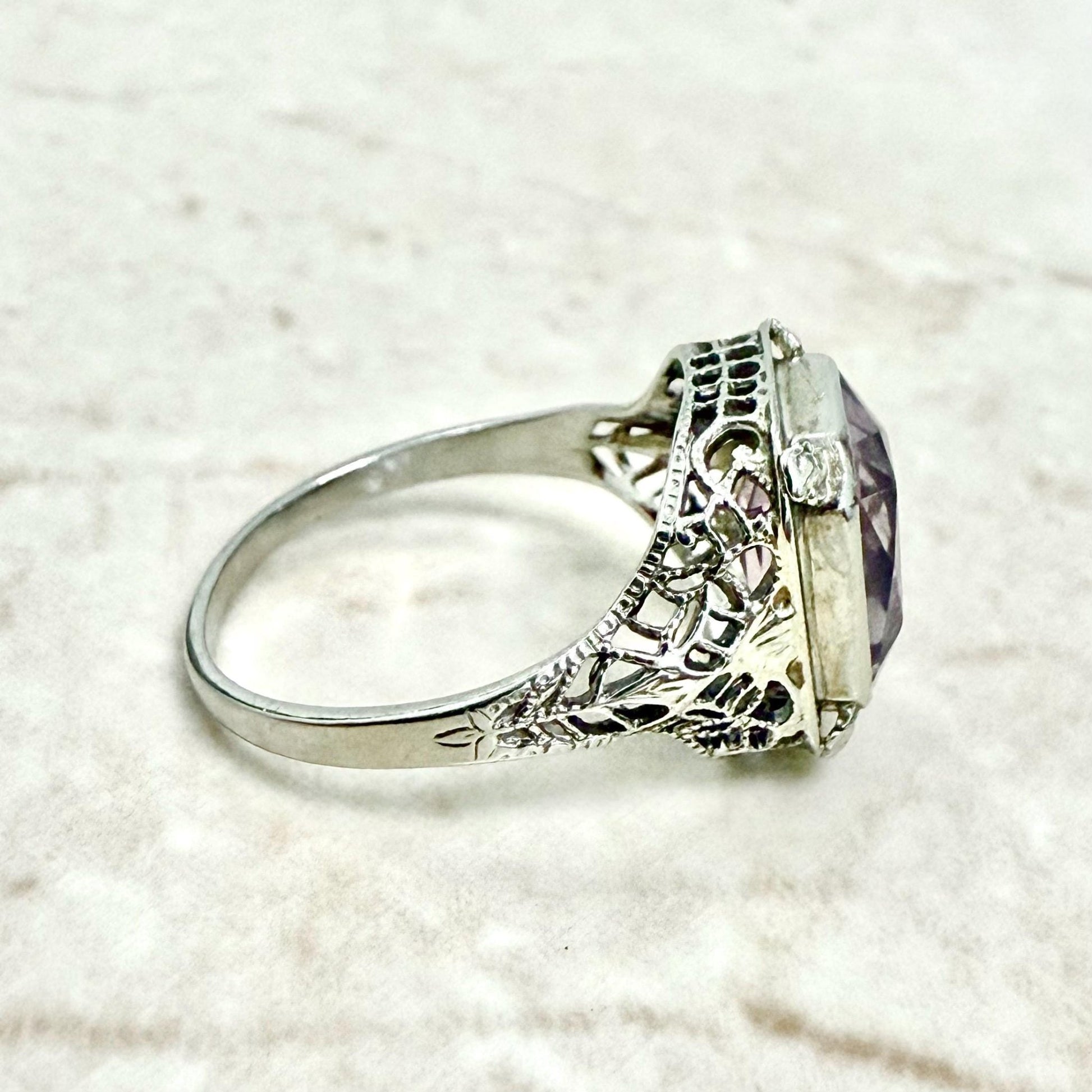 Vintage Art Deco Filigree 14K White Gold Amethyst Solitaire Ring - WeilJewelry