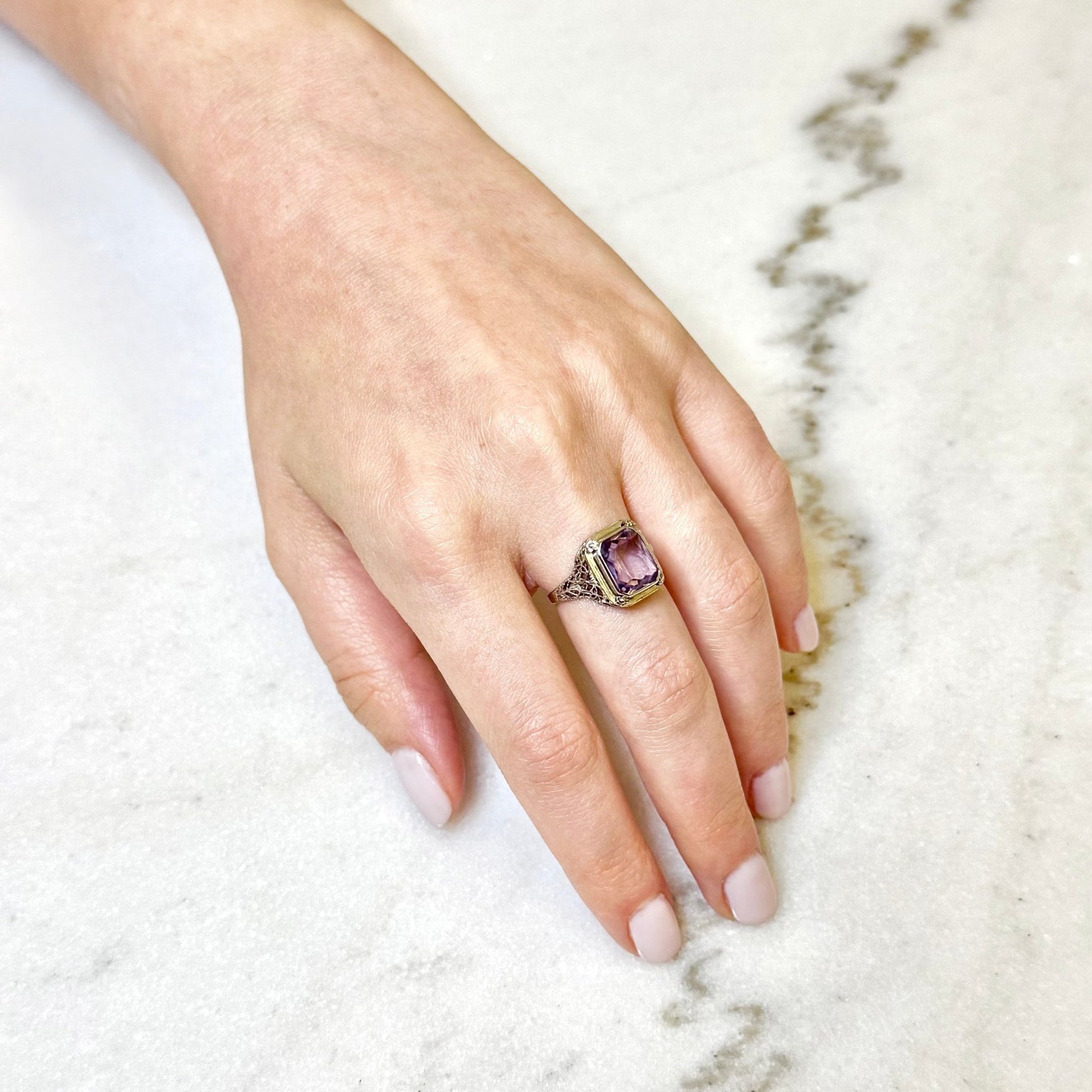 Vintage Art Deco Filigree 14K White Gold Amethyst Solitaire Ring - WeilJewelry