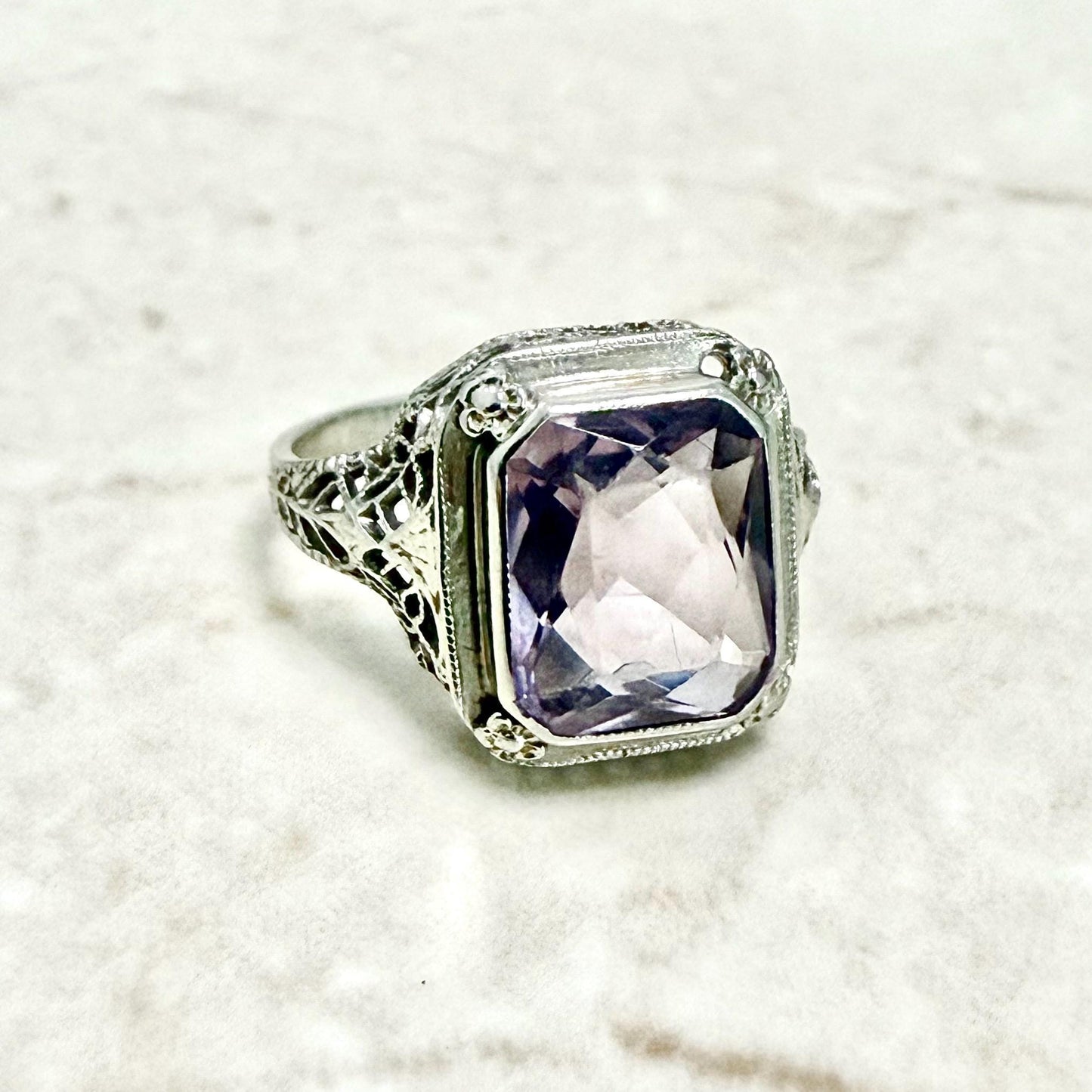 Vintage Art Deco Filigree 14K White Gold Amethyst Solitaire Ring - WeilJewelry