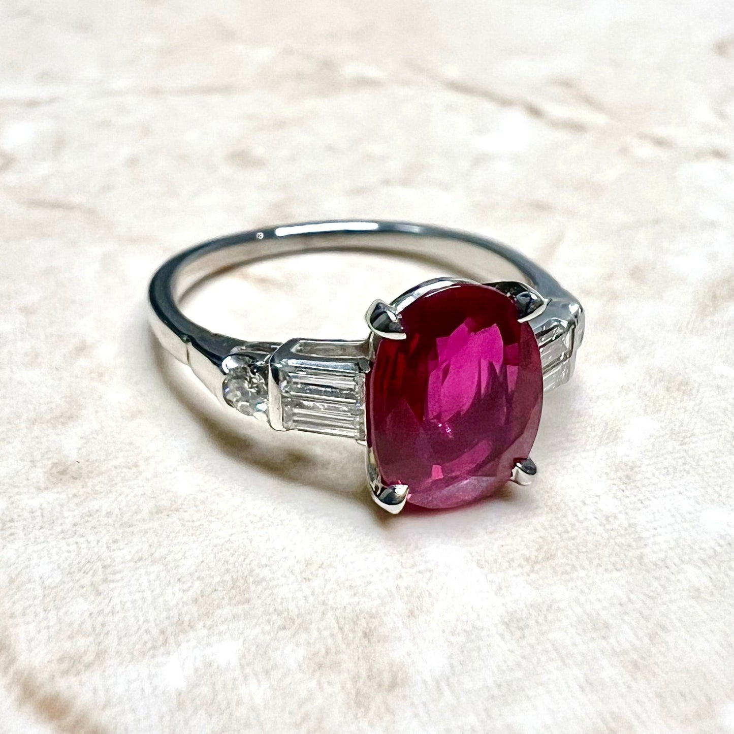 Vintage Handcrafted Platinum 2.05 Carat Oval Ruby & Diamond Engagement Ring By Carvin French - WeilJewelry