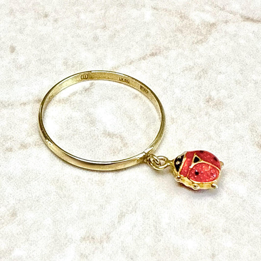 Vintage Italian 10K Yellow Gold Enamel Ladybug Charm Ring - WeilJewelry