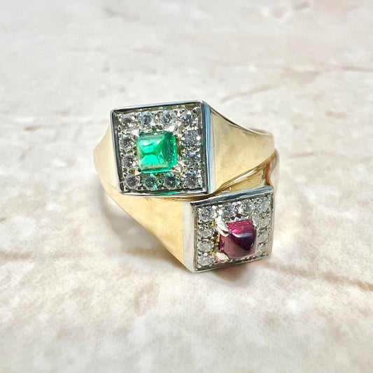 Vintage Italian 18 Karat Yellow Gold And Platinum Emerald, Ruby & Diamond Toi Et Moi Ring - WeilJewelry