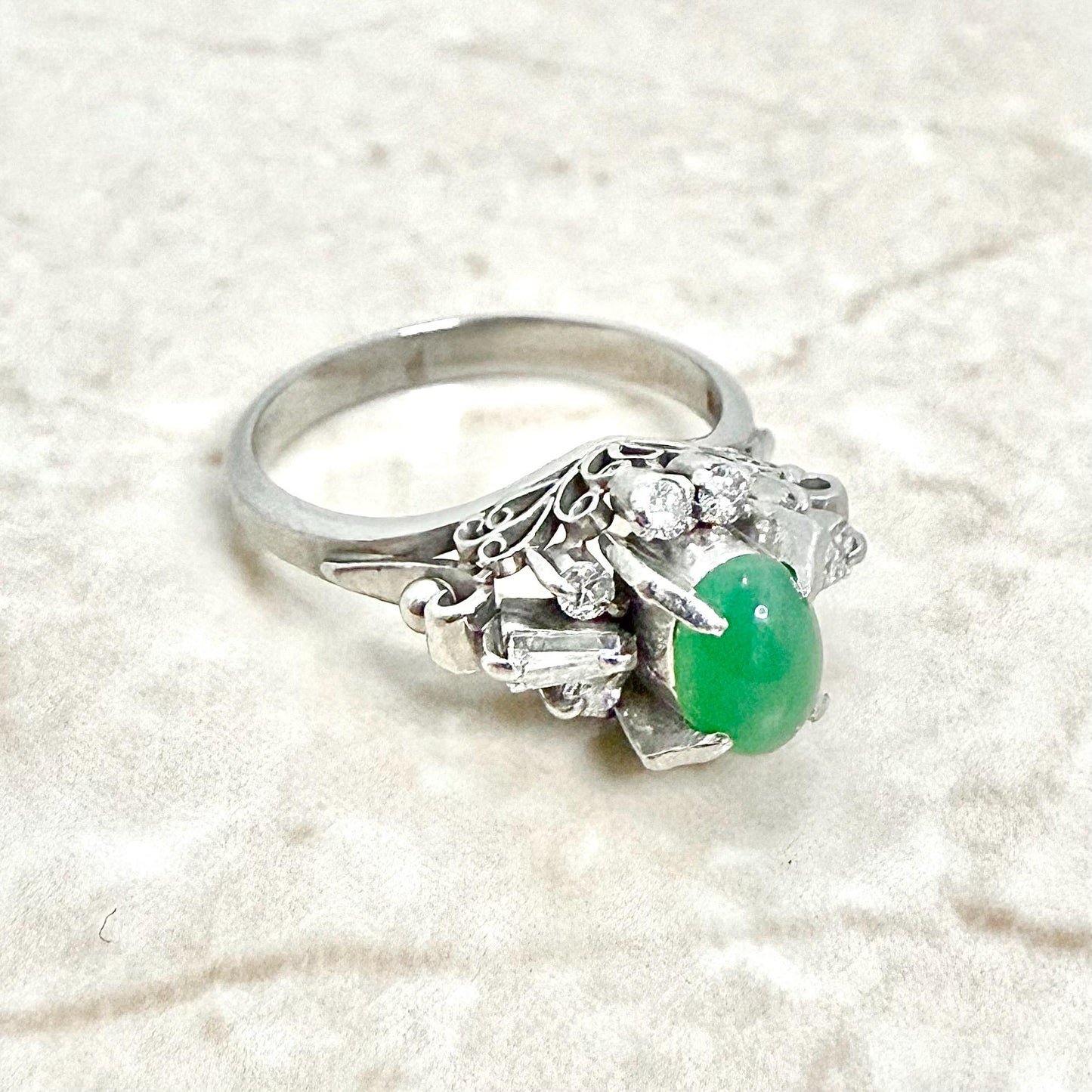 Vintage Mid - Century Platinum Natural Green Jade & Diamond Cocktail Ring - WeilJewelry