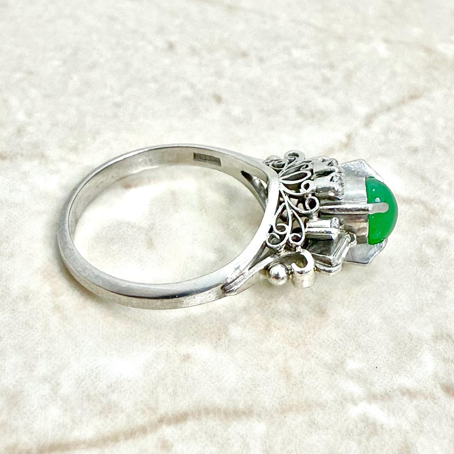 Vintage Mid - Century Platinum Natural Green Jade & Diamond Cocktail Ring - WeilJewelry