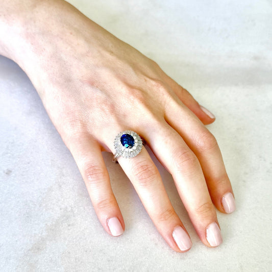 Vintage Platinum 3 Carats Untreated Sapphire & Diamond Halo Ring - WeilJewelry