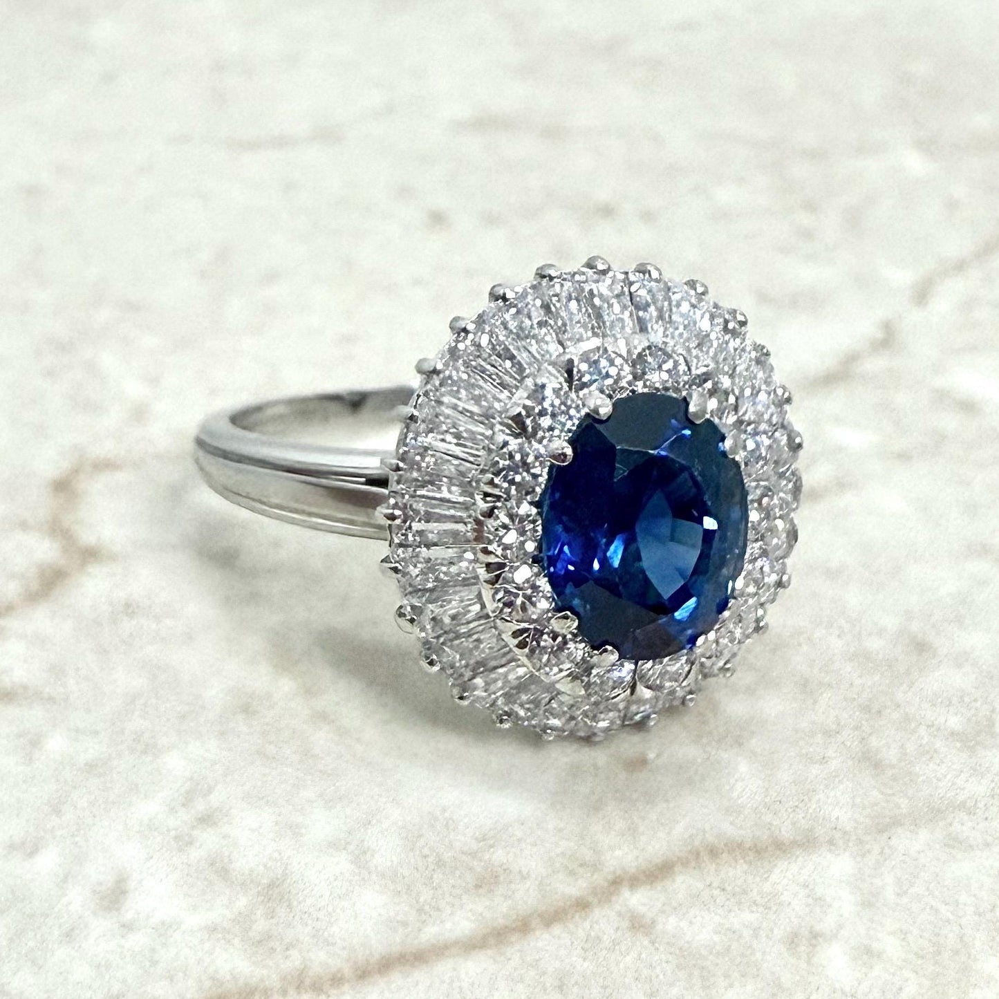 Vintage Platinum 3 Carats Untreated Sapphire & Diamond Halo Ring - WeilJewelry