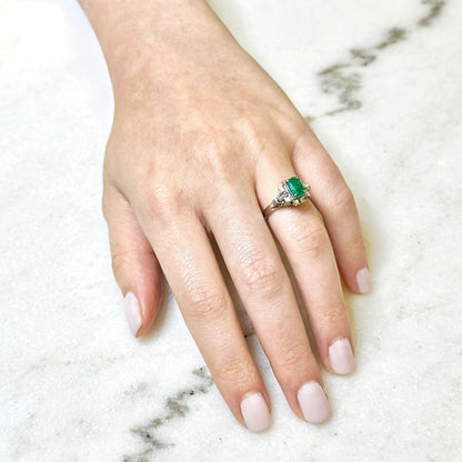 Vintage Platinum Natural Diamond & Emerald Cut Emerald Ring - WeilJewelry