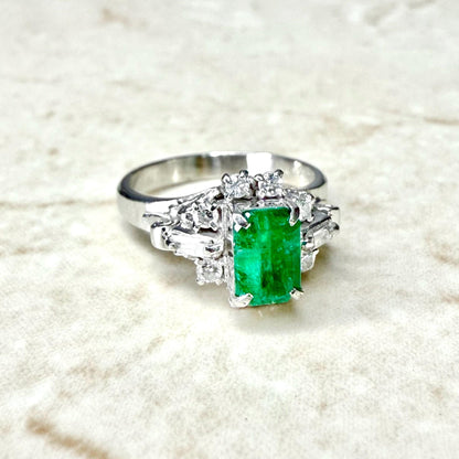 Vintage Platinum Natural Diamond & Emerald Cut Emerald Ring - WeilJewelry