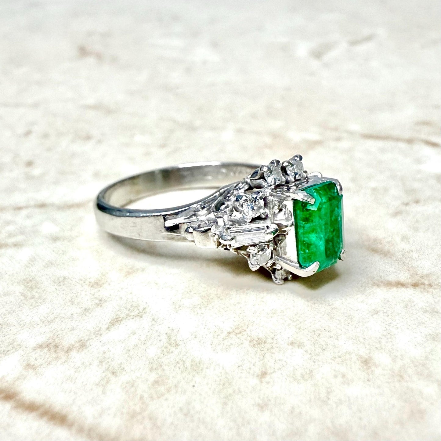 Vintage Platinum Natural Diamond & Emerald Cut Emerald Ring - WeilJewelry