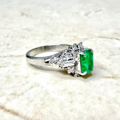 Vintage Platinum Natural Diamond & Emerald Cut Emerald Ring - WeilJewelry