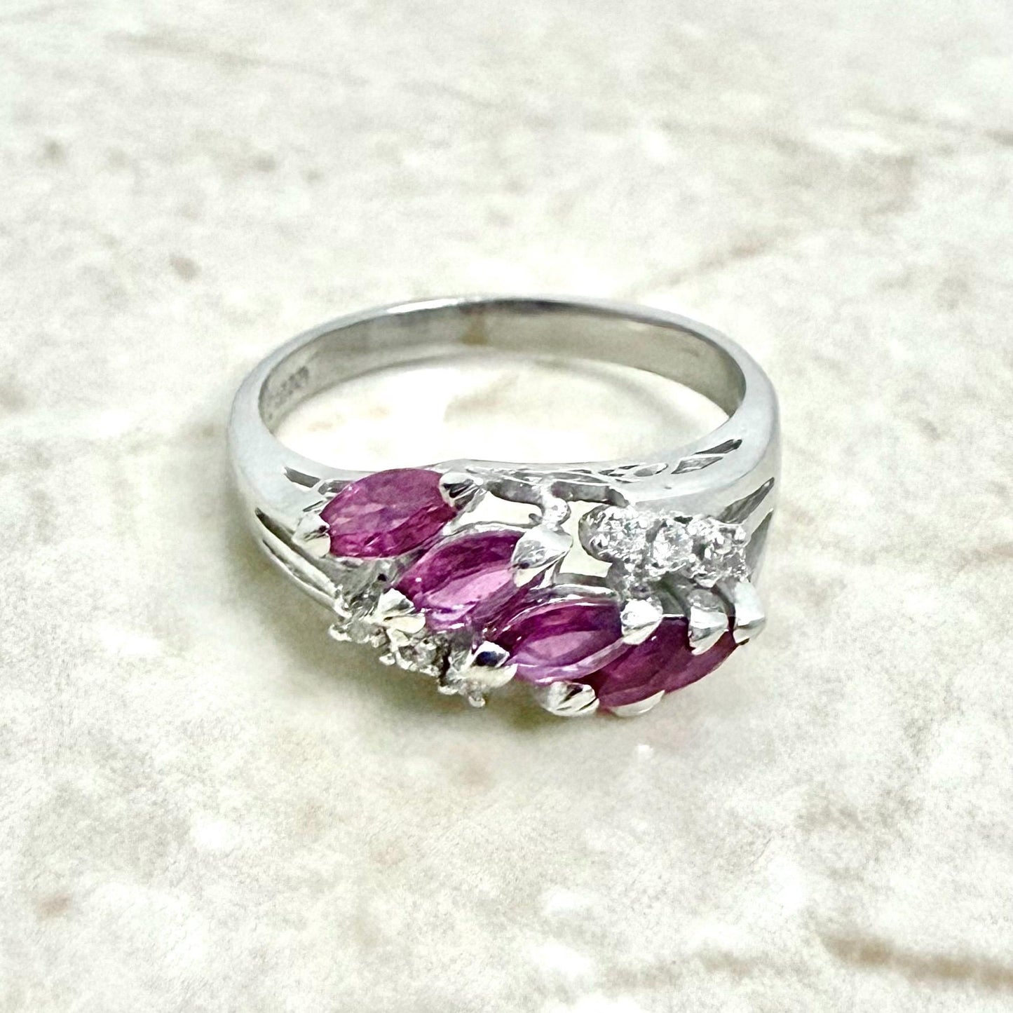 Vintage Platinum Natural Diamond & Ruby 5 - Stone Ring - WeilJewelry
