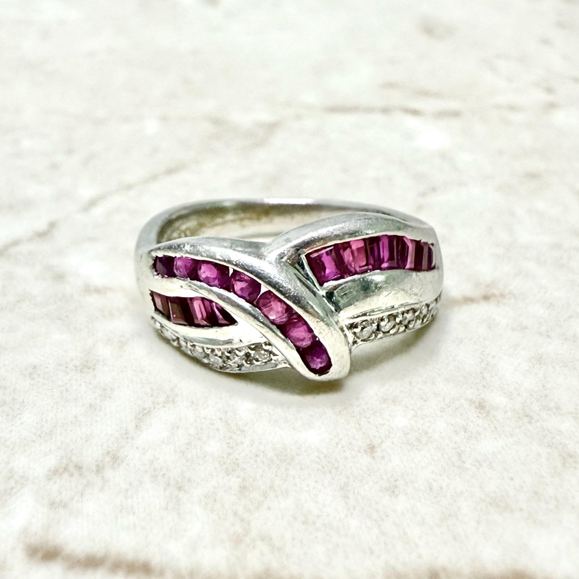 Vintage Platinum Natural Diamond & Ruby Band Ring - WeilJewelry