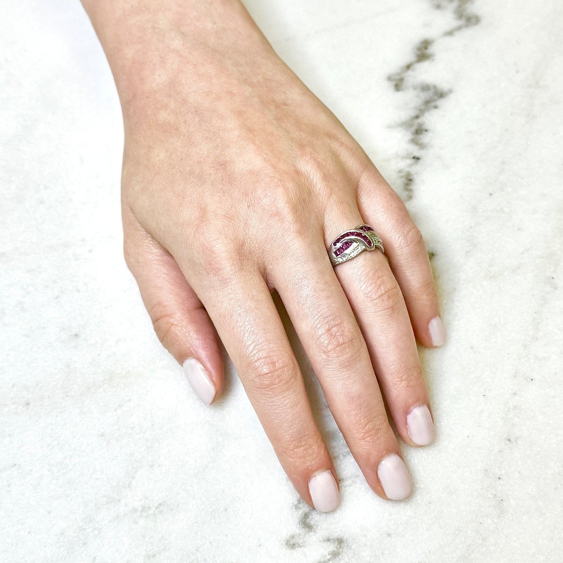 Vintage Platinum Natural Diamond & Ruby Band Ring - WeilJewelry