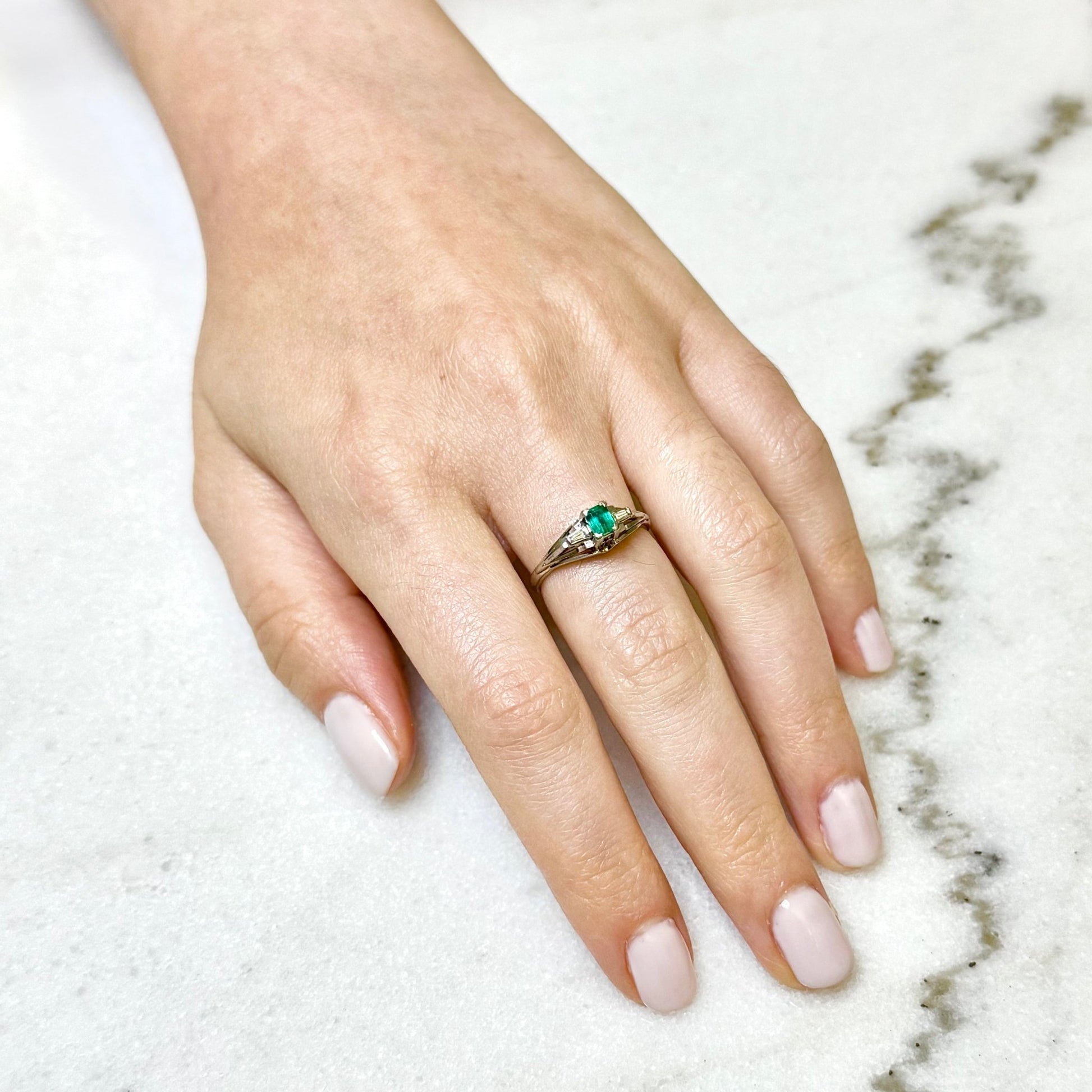 Vintage Platinum Natural Emerald & Diamond 3 - Stone Ring - WeilJewelry