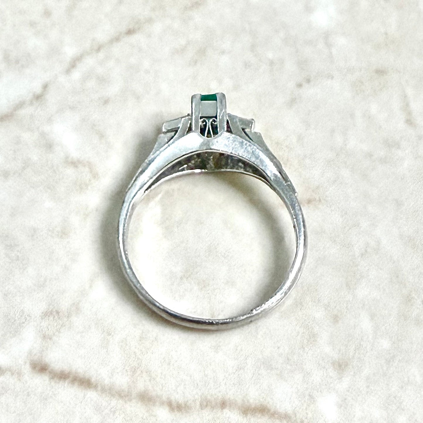Vintage Platinum Natural Emerald & Diamond 3 - Stone Ring - WeilJewelry
