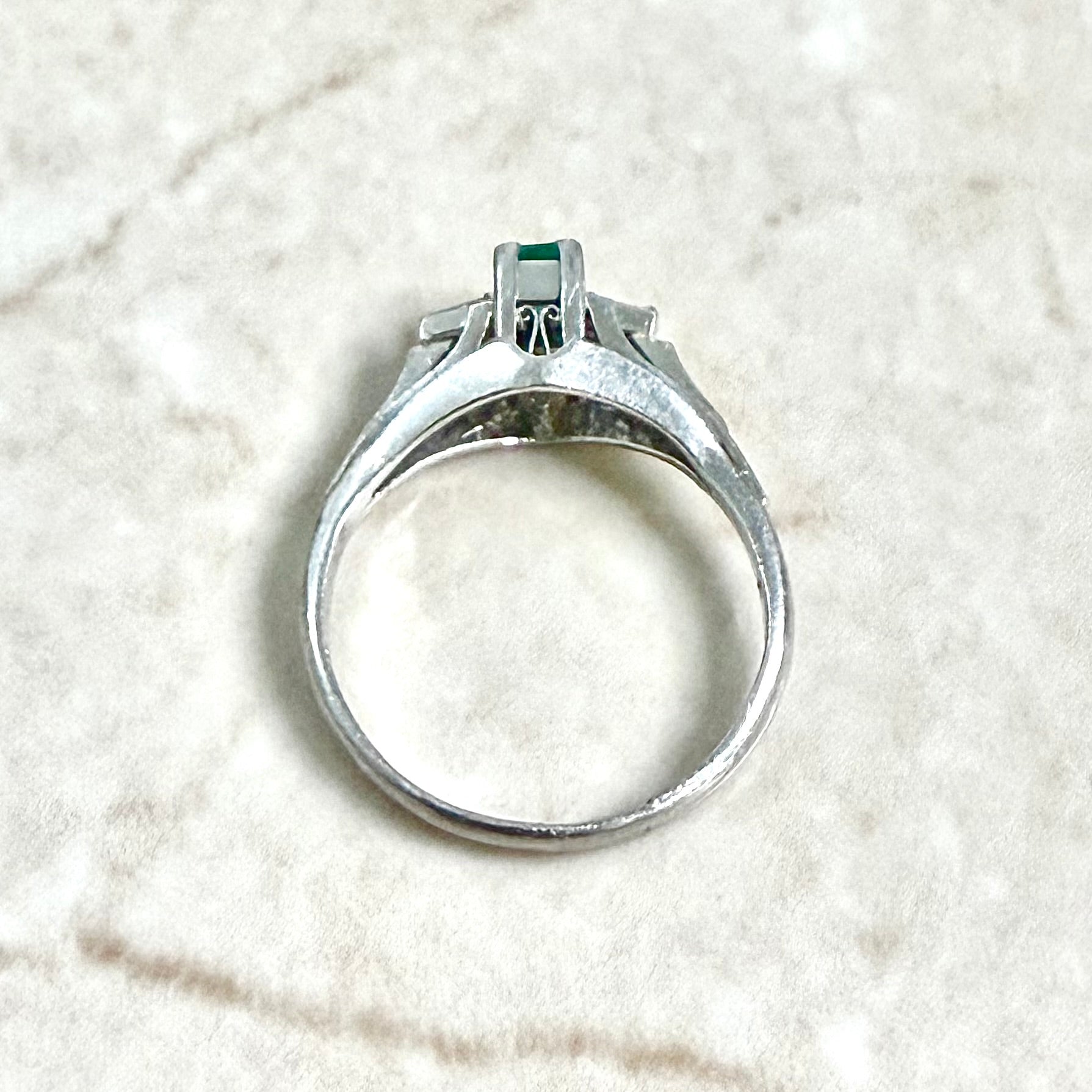 Vintage Platinum Natural Emerald & Diamond 3 - Stone Ring - WeilJewelry