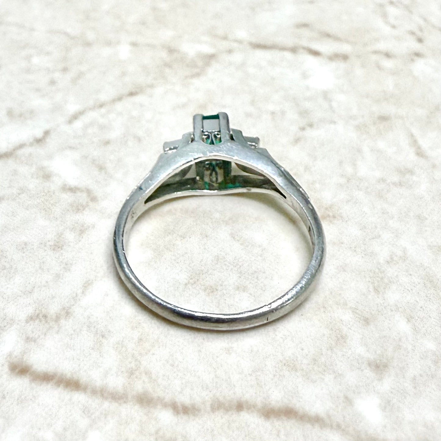 Vintage Platinum Natural Emerald & Diamond 3 - Stone Ring - WeilJewelry