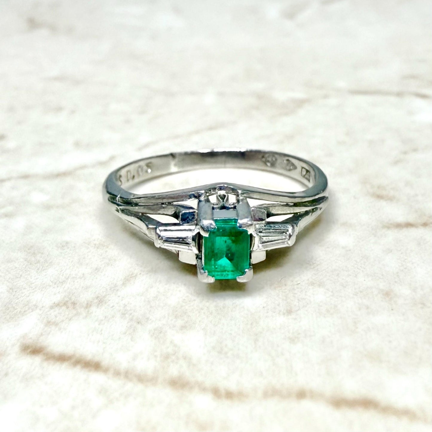 Vintage Platinum Natural Emerald & Diamond 3 - Stone Ring - WeilJewelry